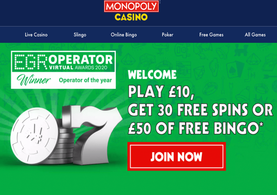 Monopoly Casino UK homepage
